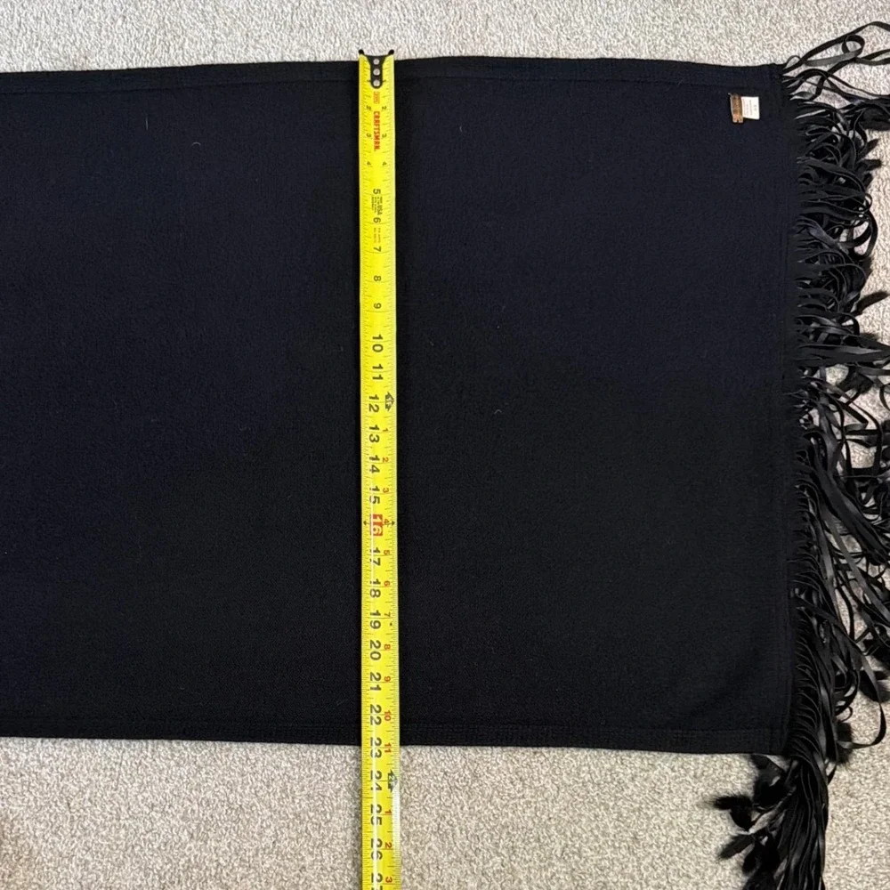 Zoe Couture Black Cashmere Wool Wrap Scarf Leather Fringe Fur Trim Oversized O/S